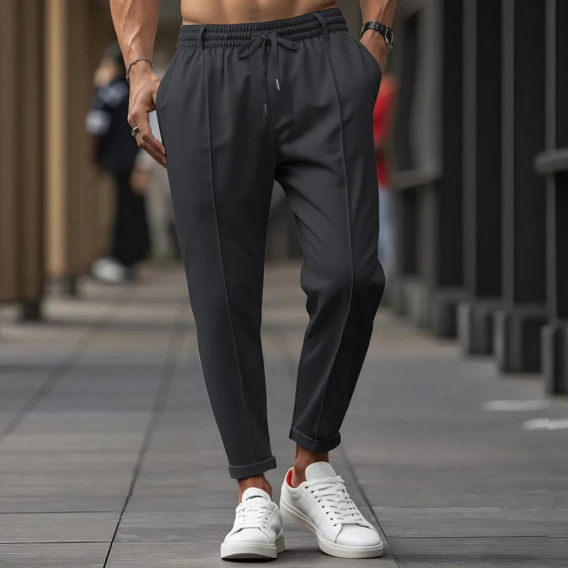 Herren Freizeithose Khaki Elastischer Bund Kordelzug Mit Bügelfalte