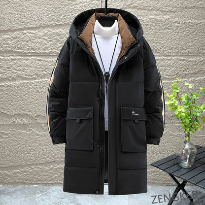 Herren Winterparka Schwarz Lang Gepolstert mit Kapuze