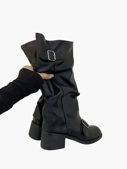 Damen Stiefel mit Schnalle, modische kniehohe Boots für Herbst und Winter