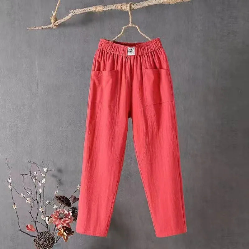 Damen Leinenhose Weites Bein Elastischer Bund Hoher Taille Mehrfarbig