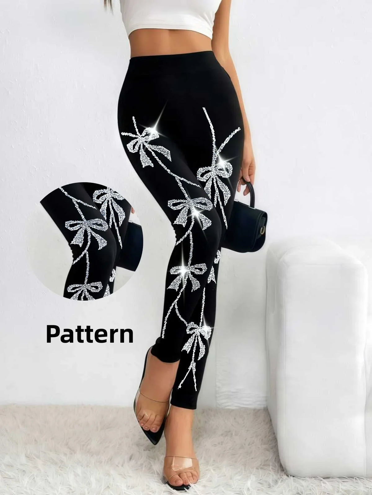 Damen Leggings Schwarz mit Glitzer-Schleifenmuster Hohe Taille