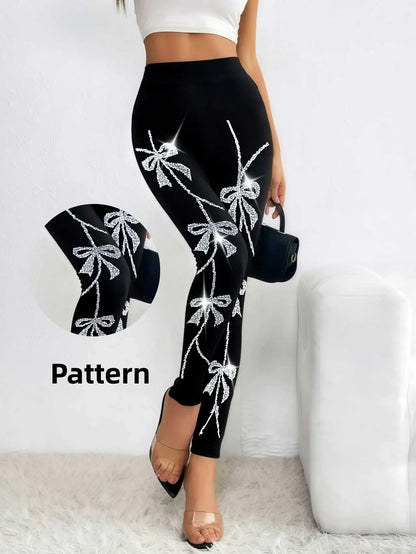 Damen Leggings Schwarz mit Glitzer-Schleifenmuster Hohe Taille