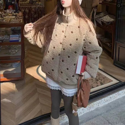 Damen Teddy Fleece Jacke Punkte Stehkragen Reißverschluss Beige