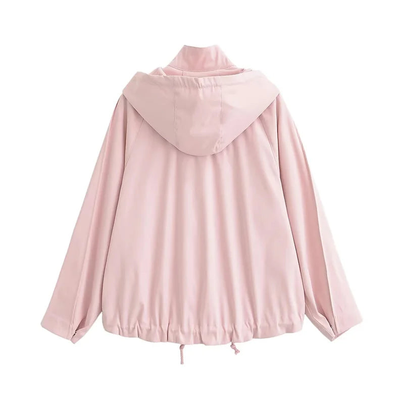 Kurze leichte Damenjacke Rosa mit Kapuze und Kordelzug