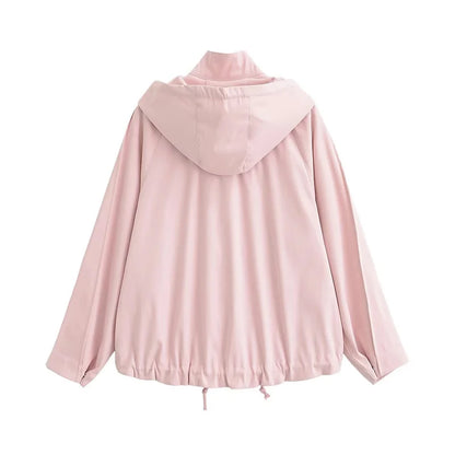 Kurze leichte Damenjacke Rosa mit Kapuze und Kordelzug