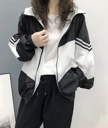 Damen Windjacke mit Kapuze, Farbig Gestreift