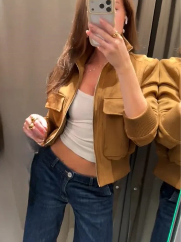 Damen Bomberjacke aus Wildleder-Optik mit Stehkragen und Taschen