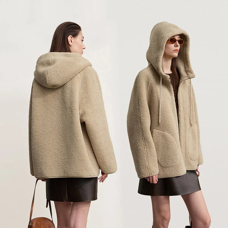 Damen Kapuzenjacke Kurz mit Reißverschluss Teddyfleece Futter
