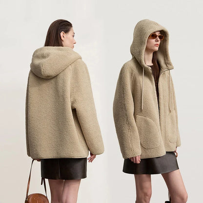 Damen Kapuzenjacke Kurz mit Reißverschluss Teddyfleece Futter