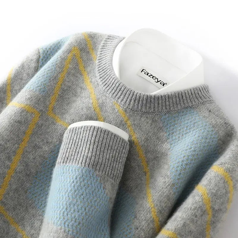 Unisex Pullover mit Rautenmuster, Rundhals und Rippbündchen, Mehrfarbig