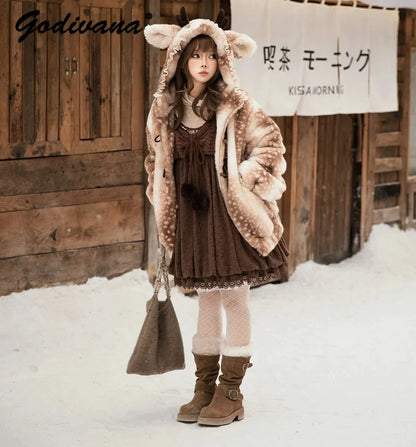 Hirsch Winterjacke Damen Teddyfell Gefleckt mit Kapuze
