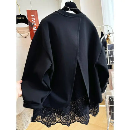 Damen Sweatshirt mit Spitze am Rücken Offen Langer Arm Creme