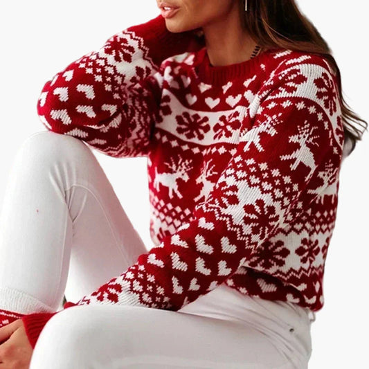 Damen Winter Norwegerpullover – Weihnachtlicher Strickpullover mit Rentier- und Herzmotiv, gemütlich für Alltag & Festtage