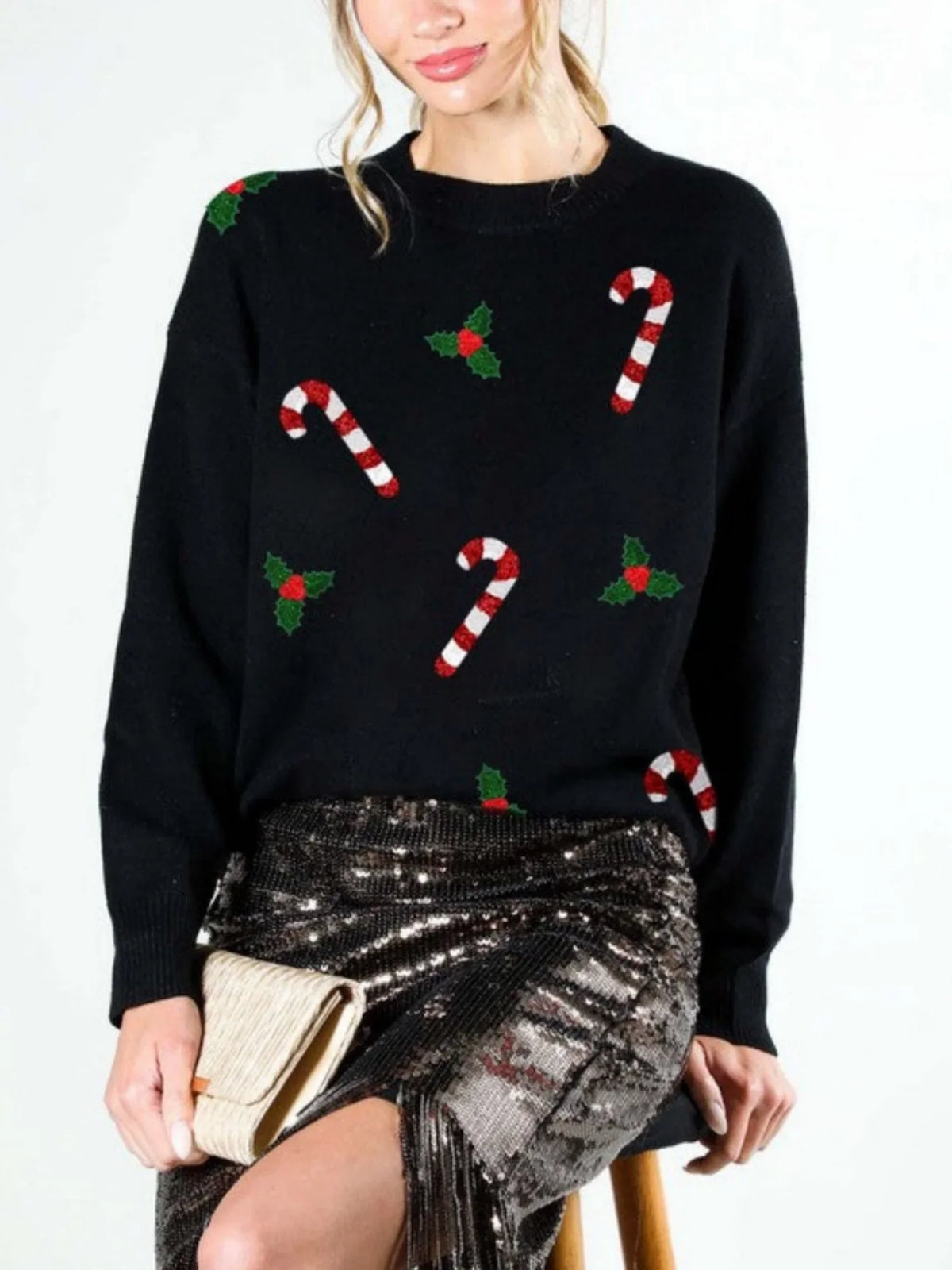 Grüner Weihnachtspullover Damen mit Zuckerstangen & Stechpalmen Motiven Rundhals Langarm