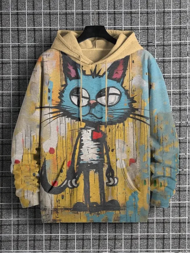Hoodie mit Katzen-Print Kampfkunst-Motiv Beige Unisex Kapuzenpullover Kängurutasche