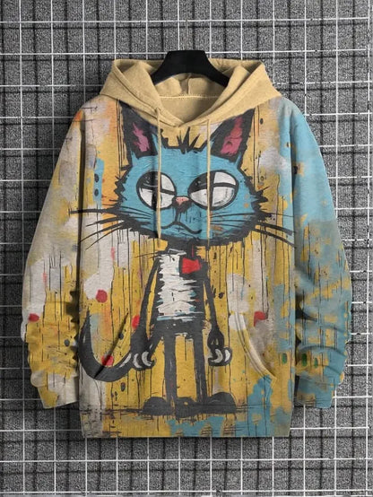 Hoodie mit Katzen-Print Kampfkunst-Motiv Beige Unisex Kapuzenpullover Kängurutasche