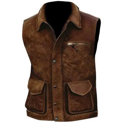 Herren Weste Braun mit Kragen und aufgesetzten Taschen Rustikaler Stil