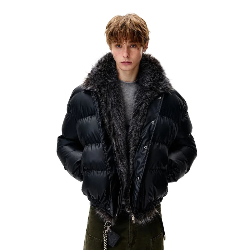 Kurze Steppjacke Herren mit Fellkragen Schwarz gefüttert