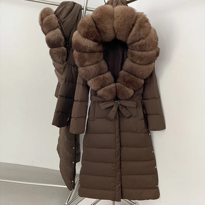 OFTBUY Grote Echte Vos Bontkraag X-Lange Puffer Jas Vrouwen Capuchon Winter Witte Eend Down Jas Dikke Vrouwelijke parka Met Riem