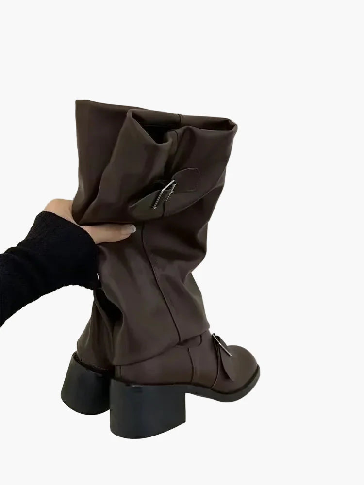 Damen Stiefel mit Schnalle, modische kniehohe Boots für Herbst und Winter