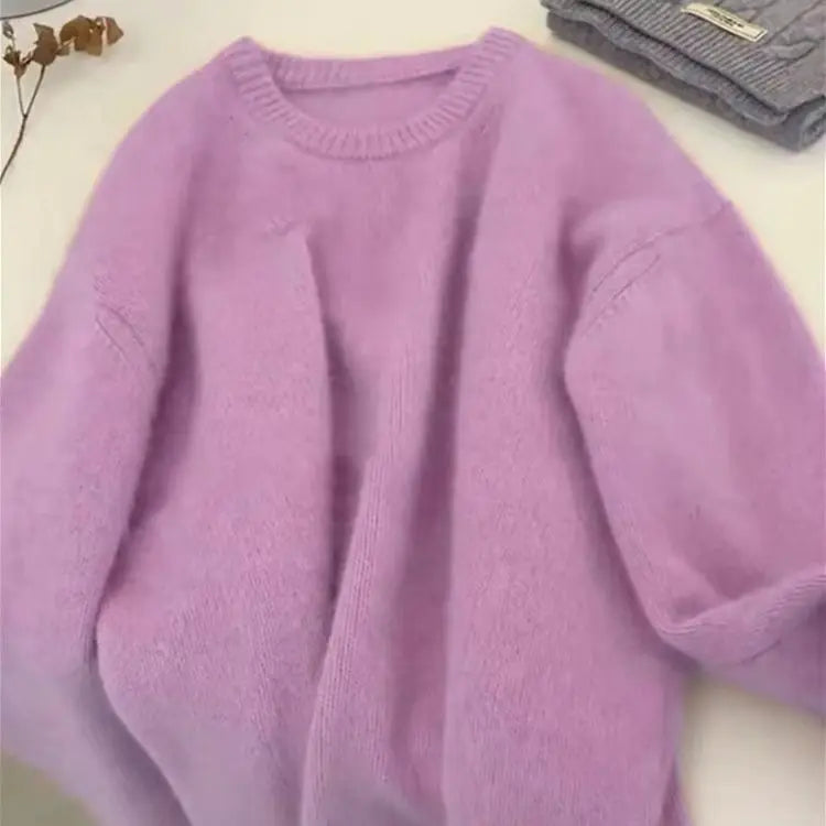 Damen Flauschiger Strickpullover Rundhals Langarm Weich