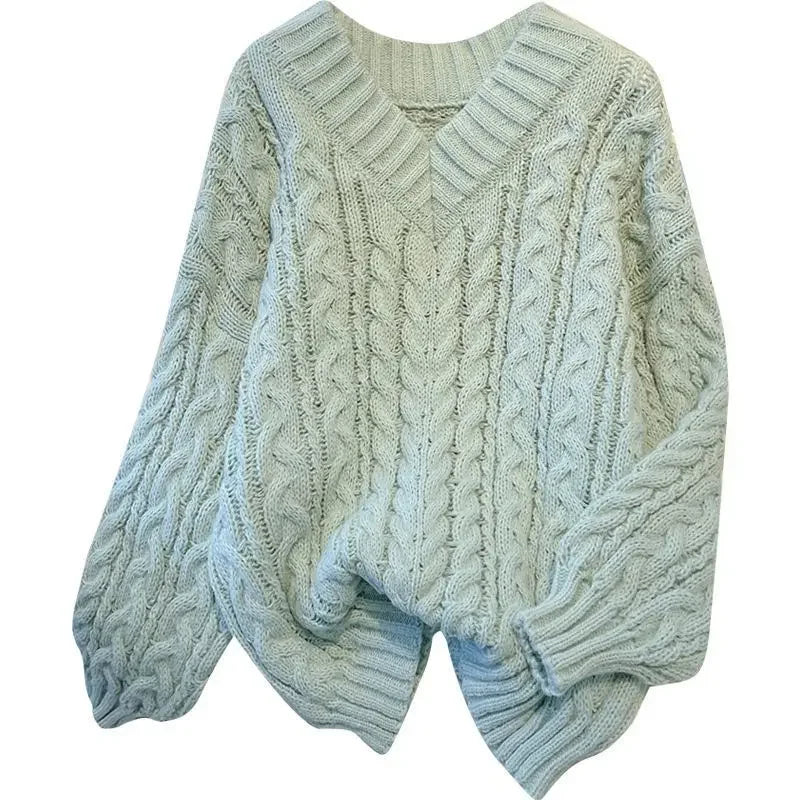 Damen Grobstrick Pullover mit Zopfmuster und V-Ausschnitt – Winter Must-Have, Lässiger Stil, Ideal für Alltag und Layering