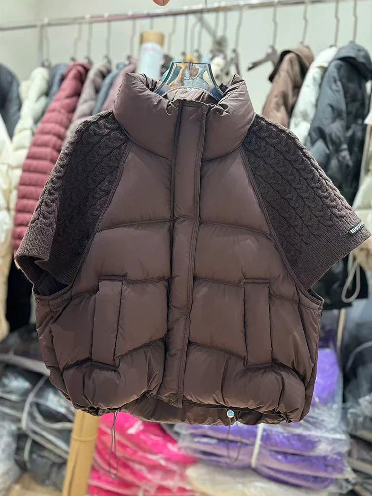 Damen Daunenweste mit Strickärmeln Stehkragen Kurz Jacke