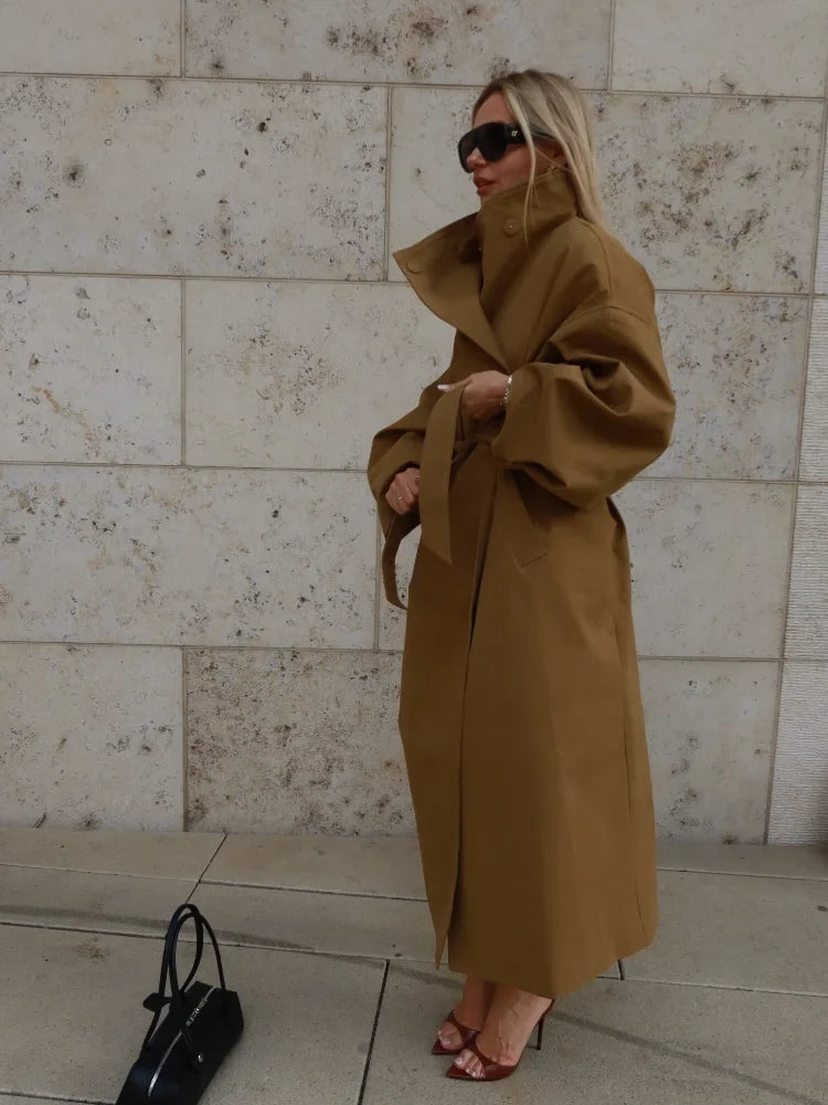 Damen Oversize Trenchcoat Mantel Lang Windbreaker Khaki