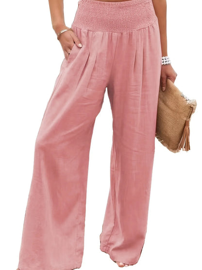 Damen Leinenhose mit weitem Bein und gerafftem Bund, lockere Freizeithose
