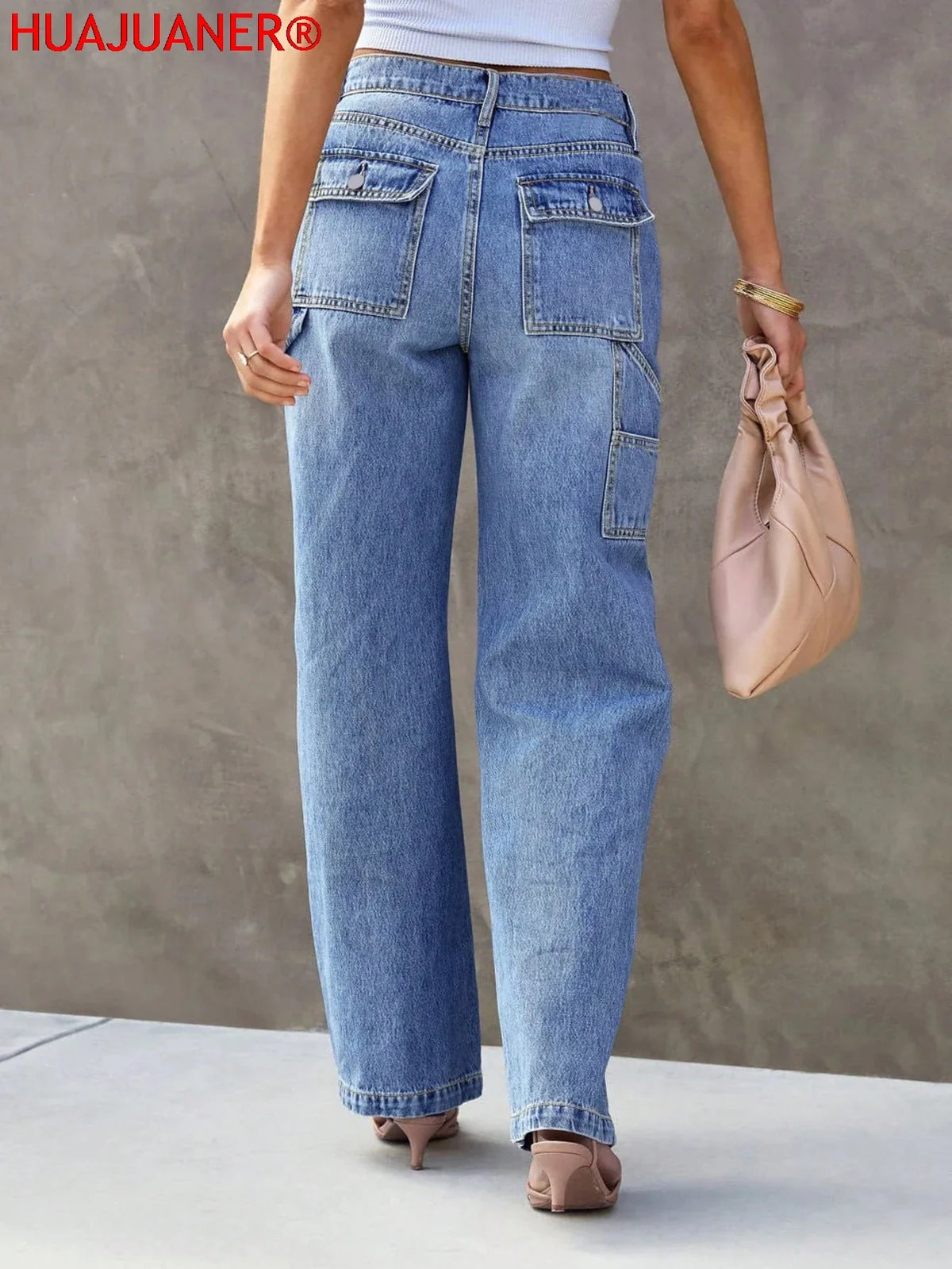 Damen Jeans Workerhose mit weitem Bein, Hellblau, High Waist, Vordertaschen