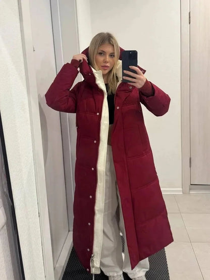 Damen Long Puffer Mantel mit Kapuze und Reißverschluss Rot