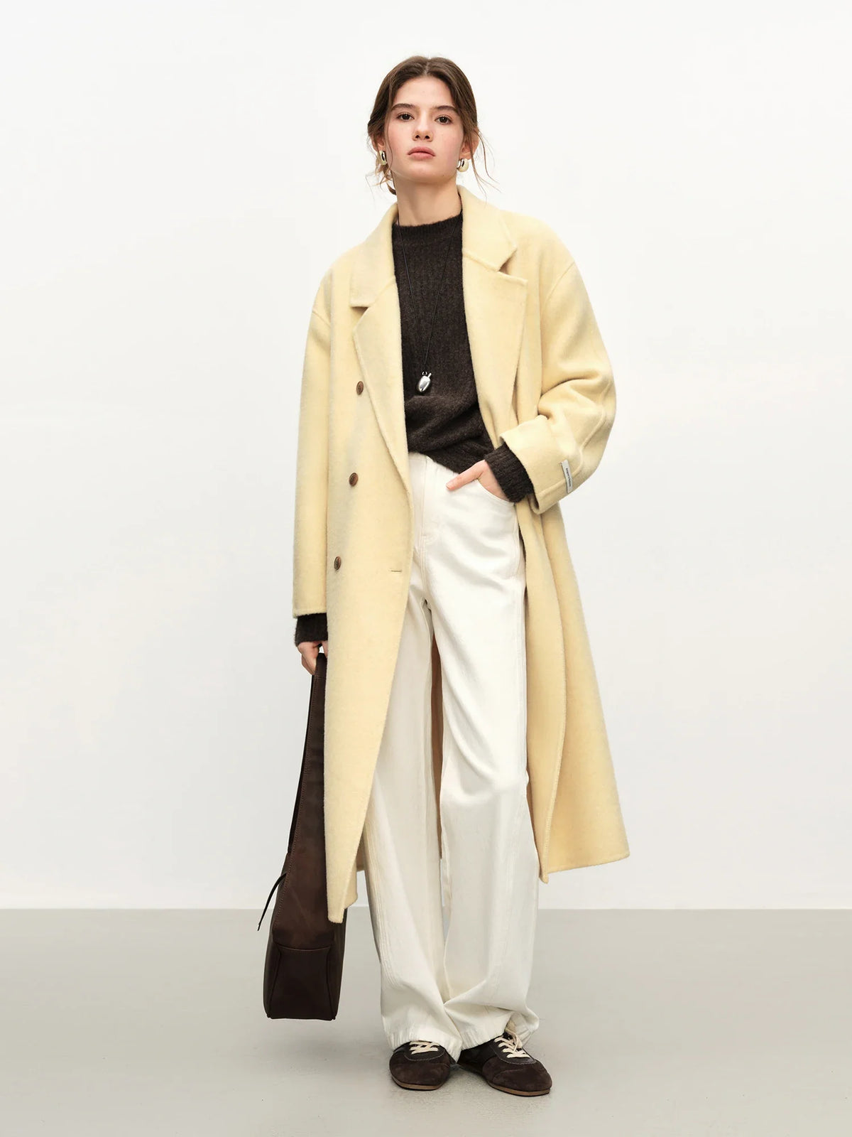 Damen Langer Mantel Zweireihig mit Bindegürtel Klassischer Wollmantel Warm