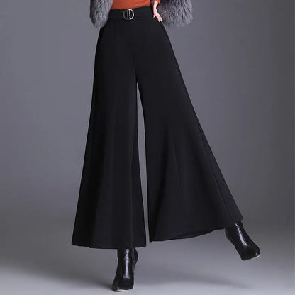 Damen Culottes Weite Hose Hoher Bund Schwarz mit Gürtel
