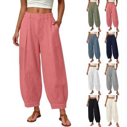 Damen Pumphose Weites Bein High-Waist Freizeithose mit Taschen