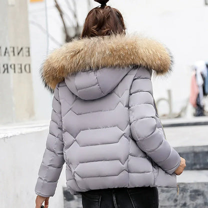 Damen Steppjacke mit Kapuze und Fellimitatrand Kurz Warm Winterjacke