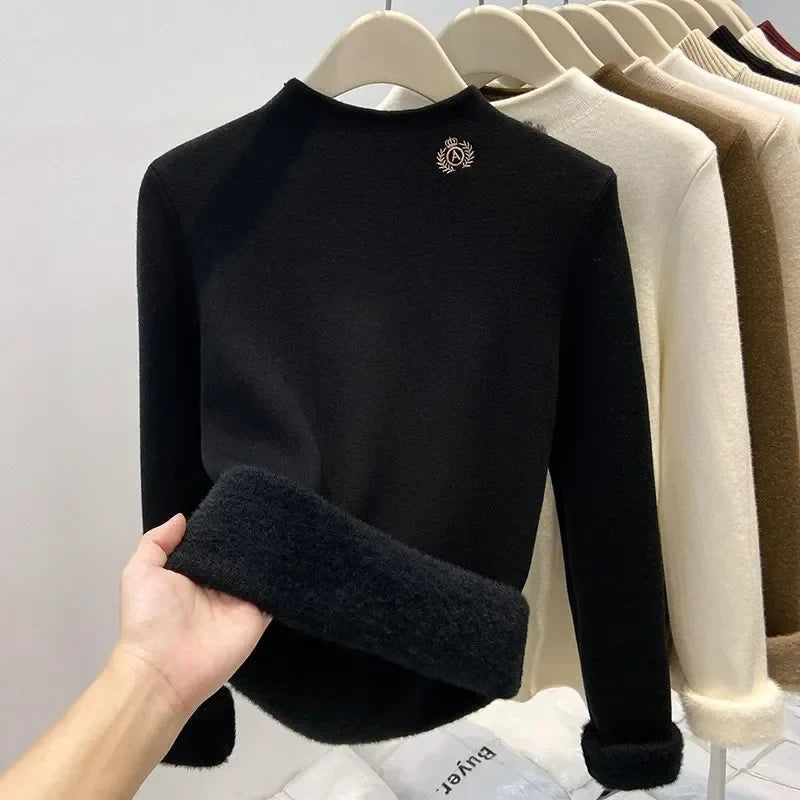 Damen Stehkragen Pullover Plüschfutter Langarm Sweatshirt Fleece Warm