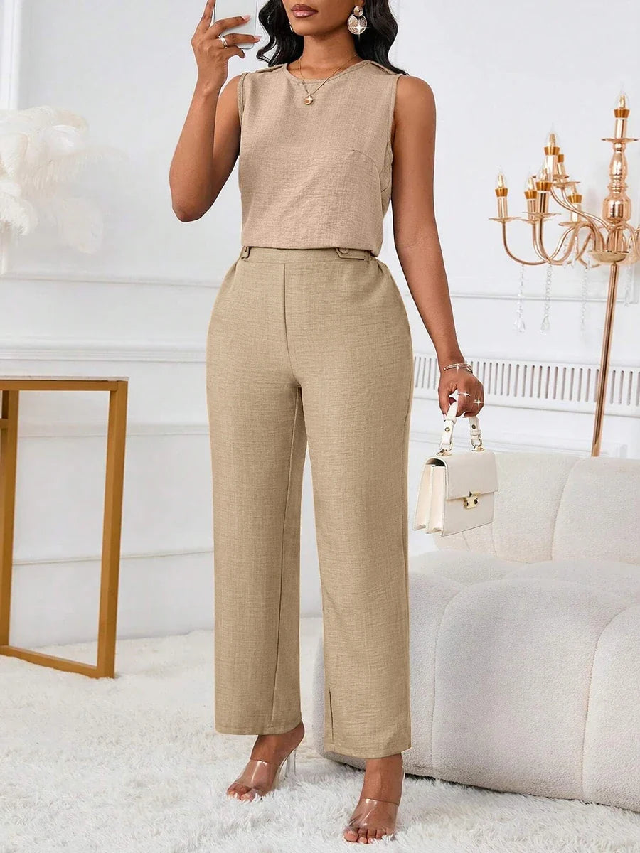 Damen Zweiteiler Set Ärmelloses Top und Weite Hose Freizeit-Outfit