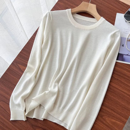 Damen Rundhals Pullover Langarm Feinstrick Basic Shirt Mehrfarbig