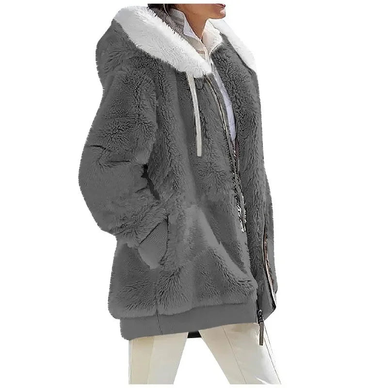 Damen Flauschige Kapuzenjacke mit Reißverschluss und Bauchtaschen