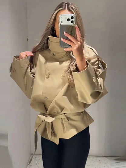 Kurze Trenchjacke Damen Beige Doppelreihig mit Bindegürtel Stehkragen
