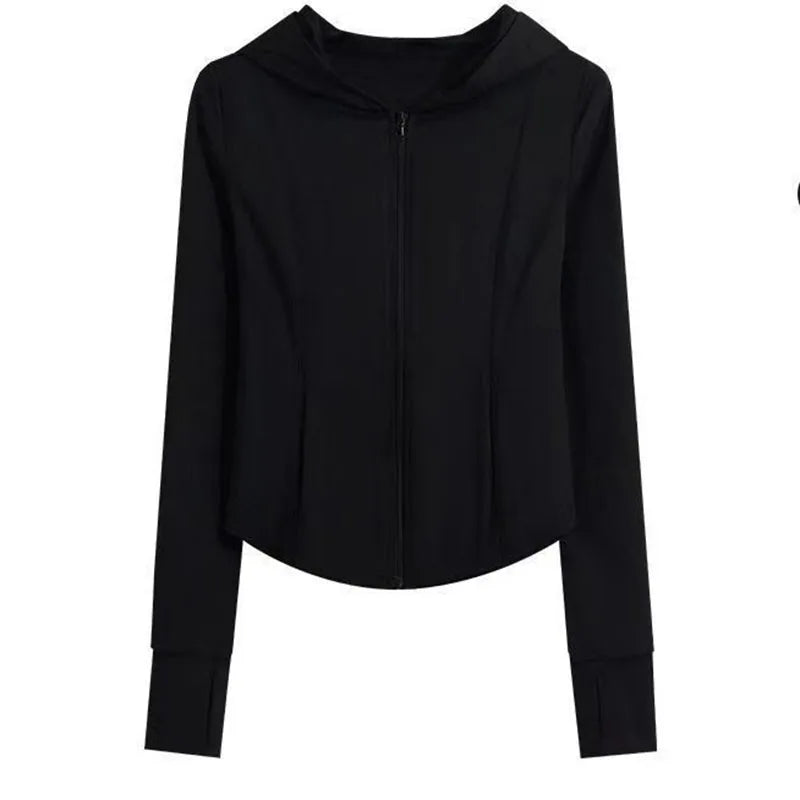 Damen Sportjacke mit Kapuze und Reißverschluss, tailliert, Daumenlöchern, langärmelig, Rosa