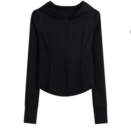 Damen Sportjacke mit Kapuze und Reißverschluss, tailliert, Daumenlöchern, langärmelig, Rosa