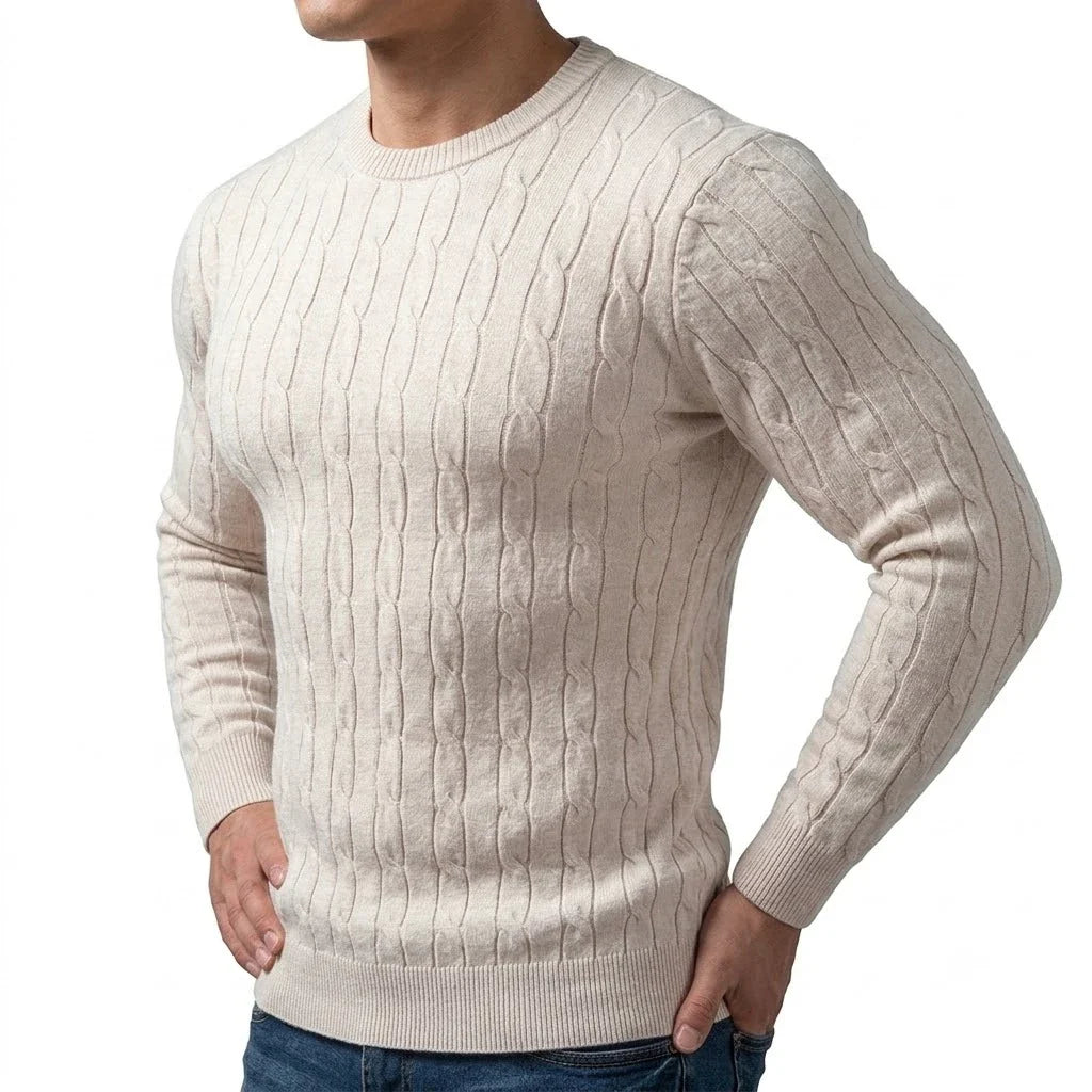Herren Zopfmuster Pullover Rundhals Langarm Strickpullover Rippbündchen Slim Fit