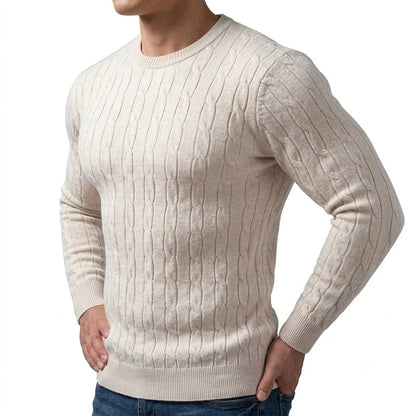 Herren Zopfmuster Pullover Rundhals Langarm Strickpullover Rippbündchen Slim Fit