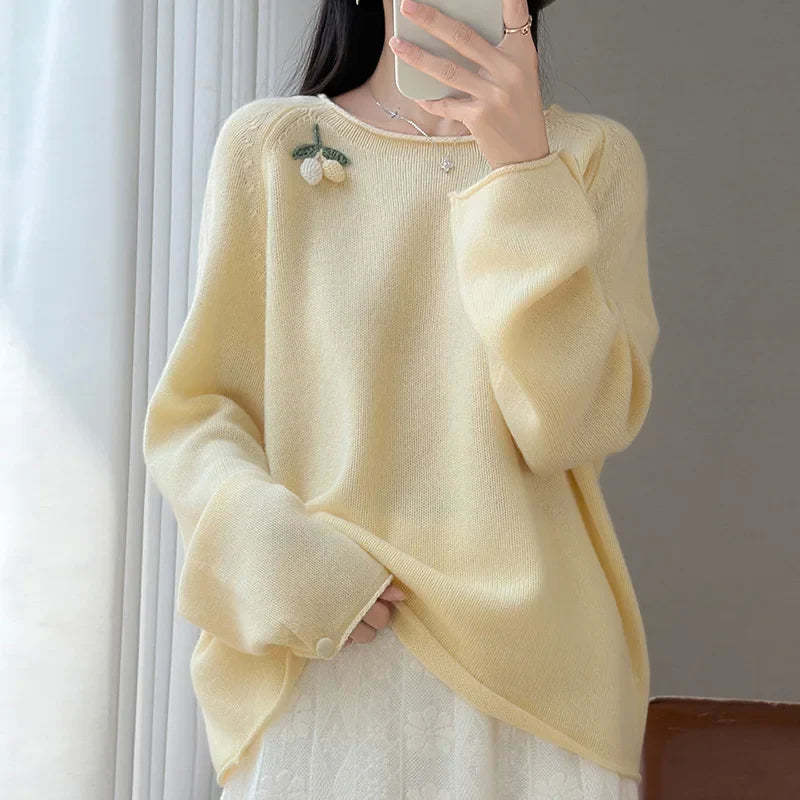 Damen Pullover Langarm Rundhals mit Beeren-Applikation