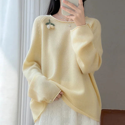 Damen Pullover Langarm Rundhals mit Beeren-Applikation