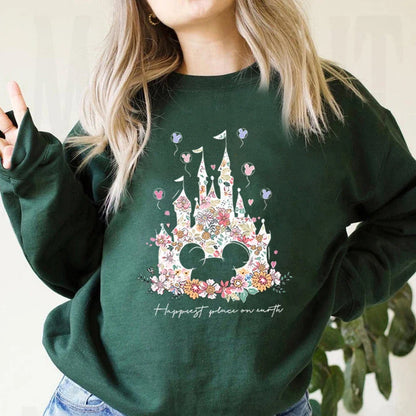 Damen Sweatshirt mit Blumen Schloss Motiv und "Happiest Place on Earth" Aufdruck