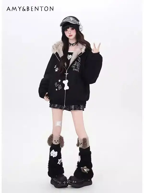 Damen Jacke mit Tierohren Kapuze, Plüschfutter und Stickerei