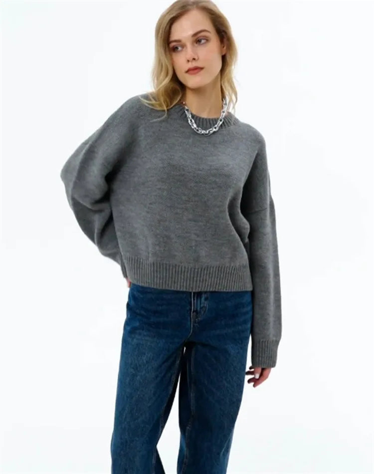Damen Oversized Pullover Strickpullover Rundhals Langarm Weiß
