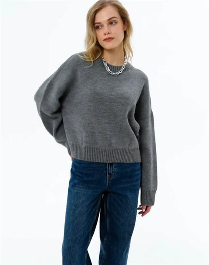 Damen Oversized Pullover Strickpullover Rundhals Langarm Weiß